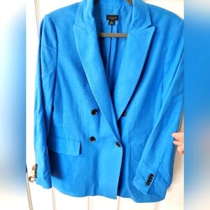 Ann Taylor Factory Double Breasted Long Blazer in Linen Blend- Size 10- Blue